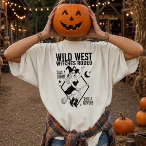 Wild West Witches Rodeo Save a Broom Ride a Cowboy Tee Funny Western Halloween Shirt