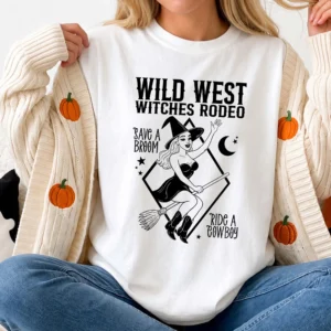 Wild West Witches Rodeo Save a Broom Ride a Cowboy Tee Funny Western Halloween Shirt
