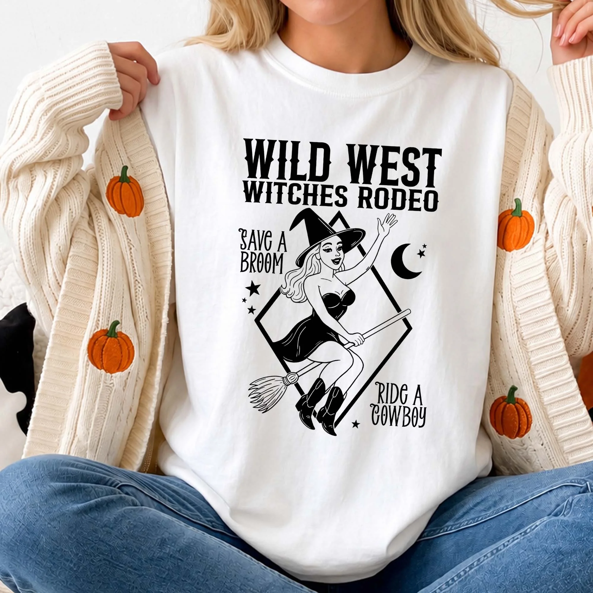 Wild West Witches Rodeo Save a Broom Ride a Cowboy Tee Funny Western Halloween Shirt
