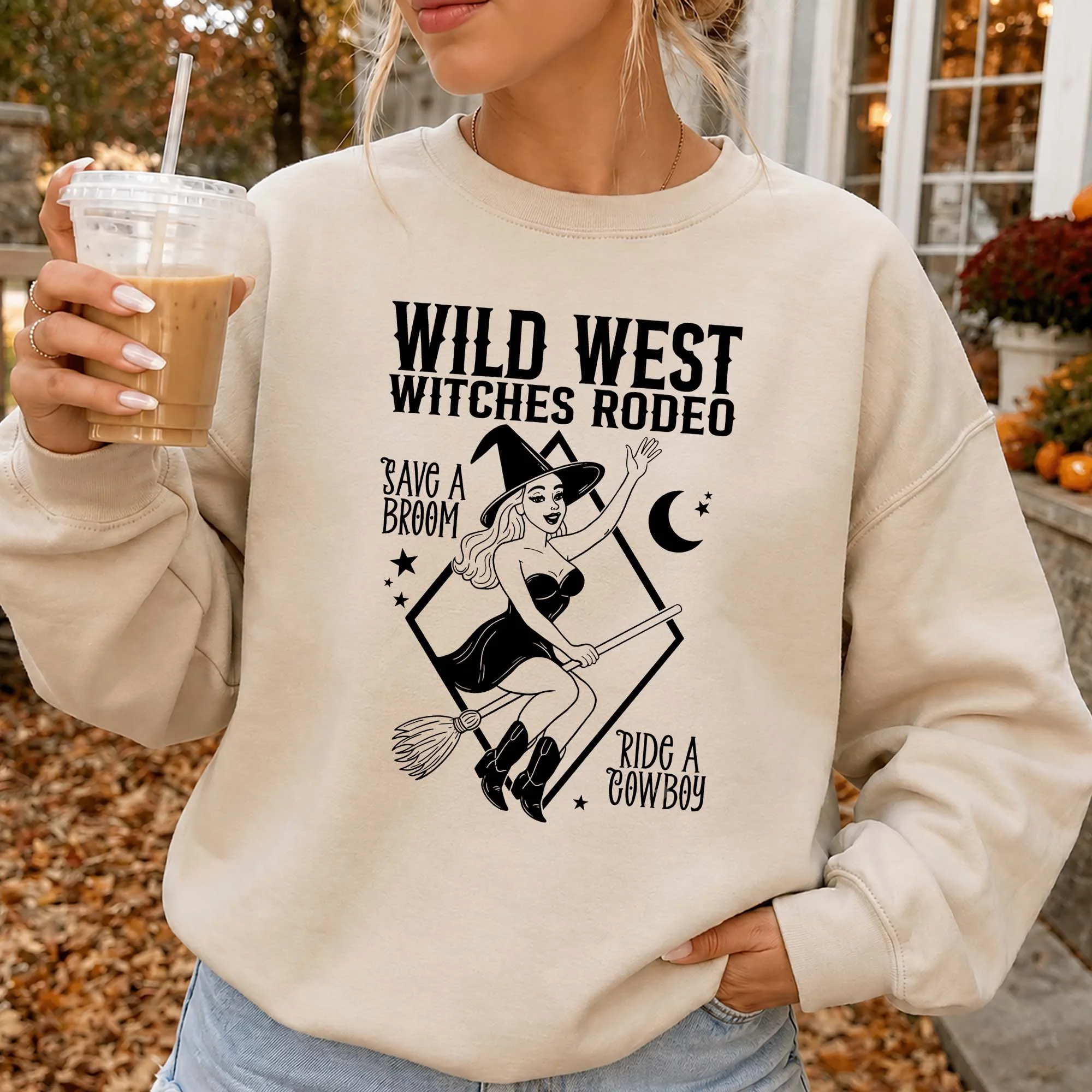Wild West Witches Rodeo Save a Broom Ride a Cowboy Tee Funny Western Halloween Shirt