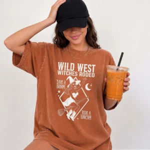 Wild West Witches Rodeo Save a Broom Ride a Cowboy Tee Funny Western Halloween Shirt