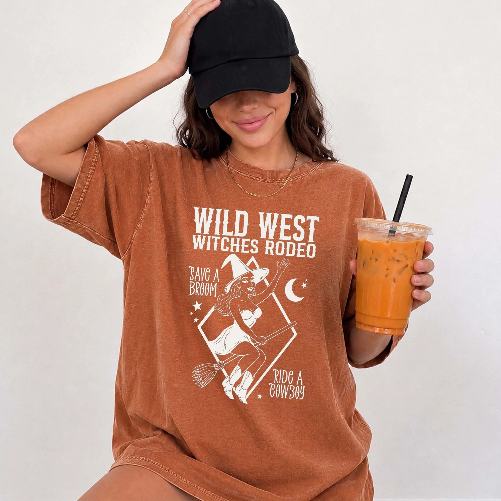 Wild West Witches Rodeo Save a Broom Ride a Cowboy Tee Funny Western Halloween Shirt
