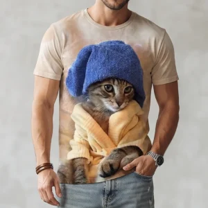 Cute Cat Graphic Tee with Funny Cat In A Robe, Whimsical Storybook Pet Shirt for Men and Women
