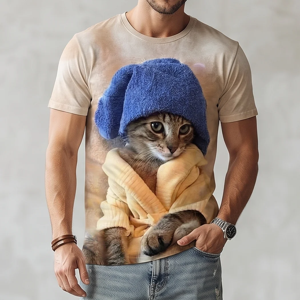 Cute Cat Graphic Tee with Funny Cat In A Robe, Whimsical Storybook Pet Shirt for Men and Women