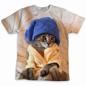 Cute Cat Graphic Tee with Funny Cat In A Robe, Whimsical Storybook Pet Shirt for Men and Women