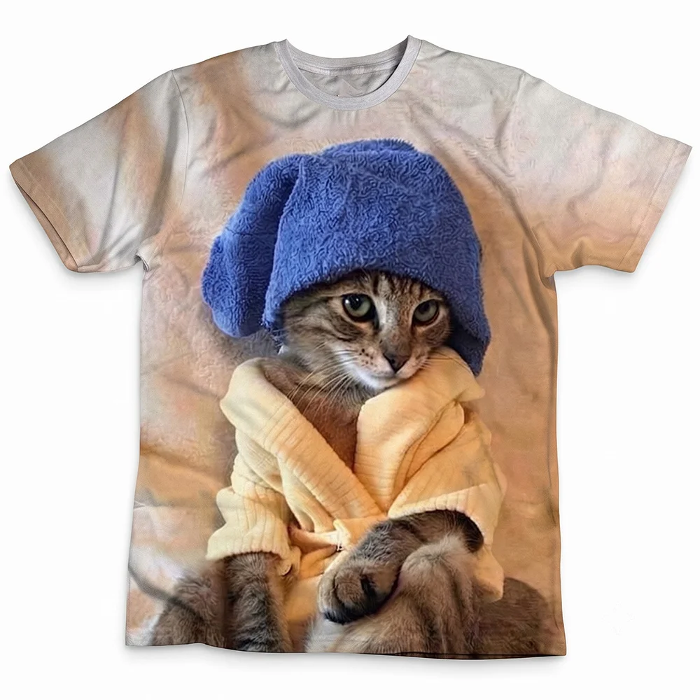 Cute Cat Graphic Tee with Funny Cat In A Robe, Whimsical Storybook Pet Shirt for Men and Women