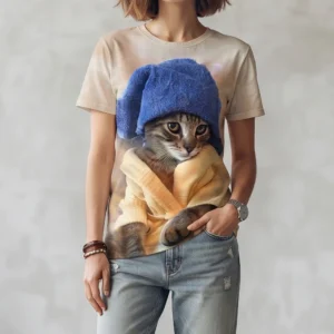 Cute Cat Graphic Tee with Funny Cat In A Robe, Whimsical Storybook Pet Shirt for Men and Women