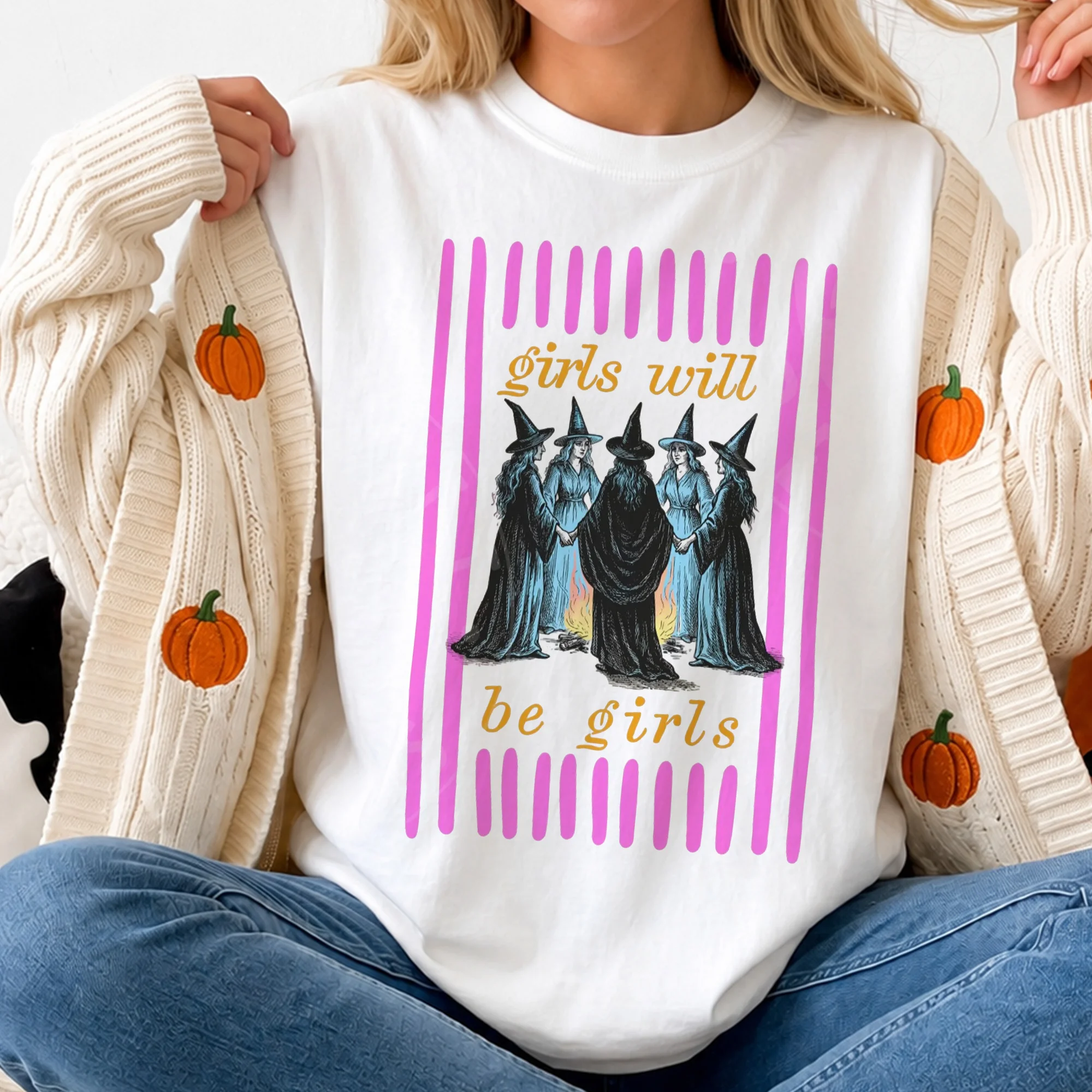 Girls Will Be Girls Witches Coven Tee Vintage Halloween Shirt for Women