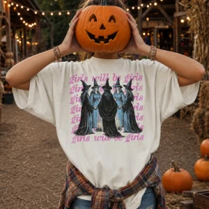 Girls Will Be Girls Witchy Graphic Tee Spooky Fall Shirt for Women