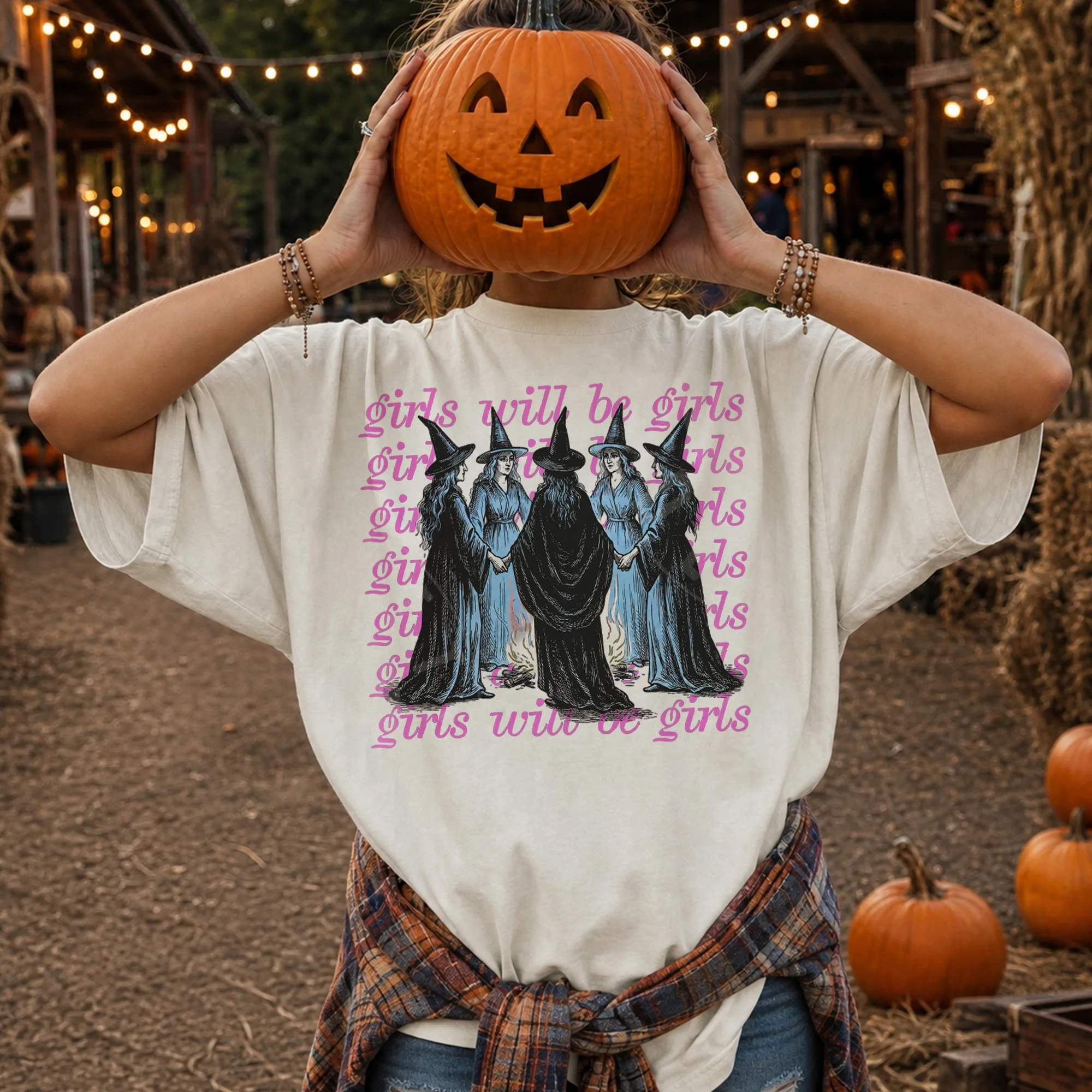 Girls Will Be Girls Witchy Graphic Tee Spooky Fall Shirt for Women