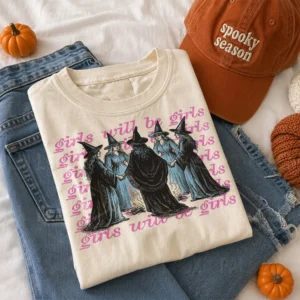 Girls Will Be Girls Witchy Graphic Tee Spooky Fall Shirt for Women