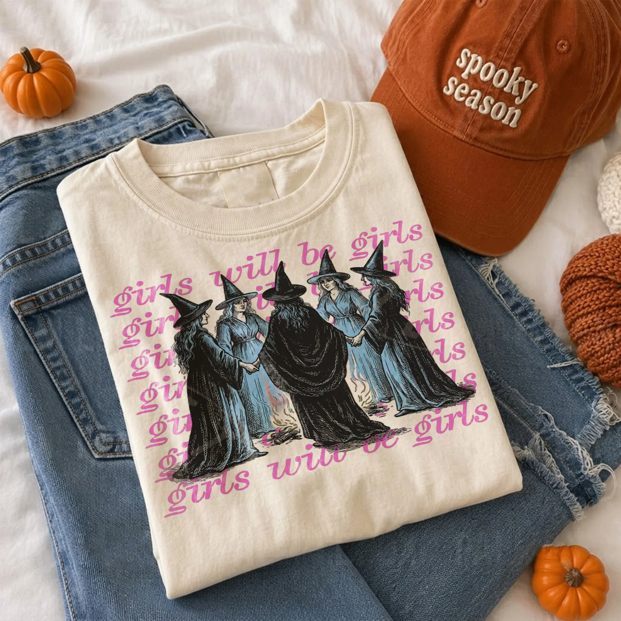 Girls Will Be Girls Witchy Graphic Tee Spooky Fall Shirt for Women
