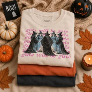 Girls Will Be Girls Witchy Graphic Tee Spooky Fall Shirt for Women