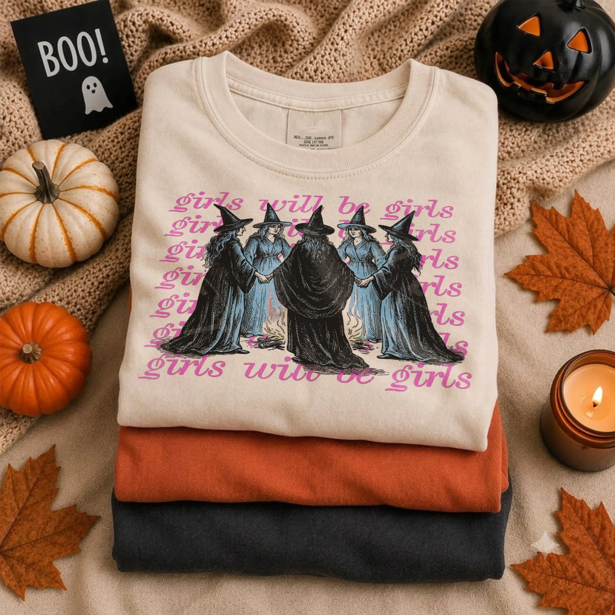 Girls Will Be Girls Witchy Graphic Tee Spooky Fall Shirt for Women
