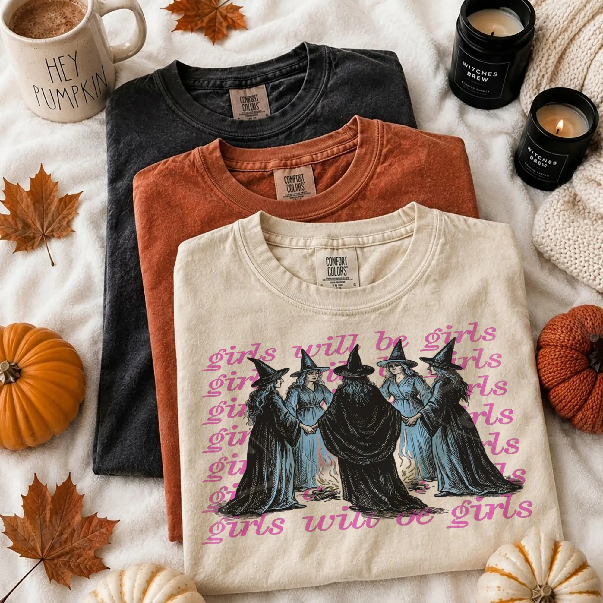 Girls Will Be Girls Witchy Graphic Tee Spooky Fall Shirt for Women