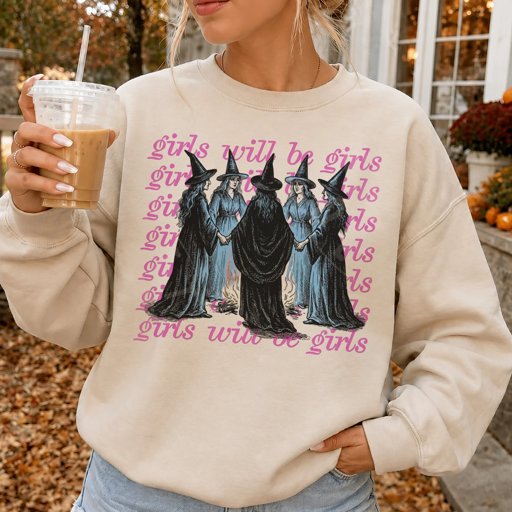 Girls Will Be Girls Witchy Graphic Tee Spooky Fall Shirt for Women