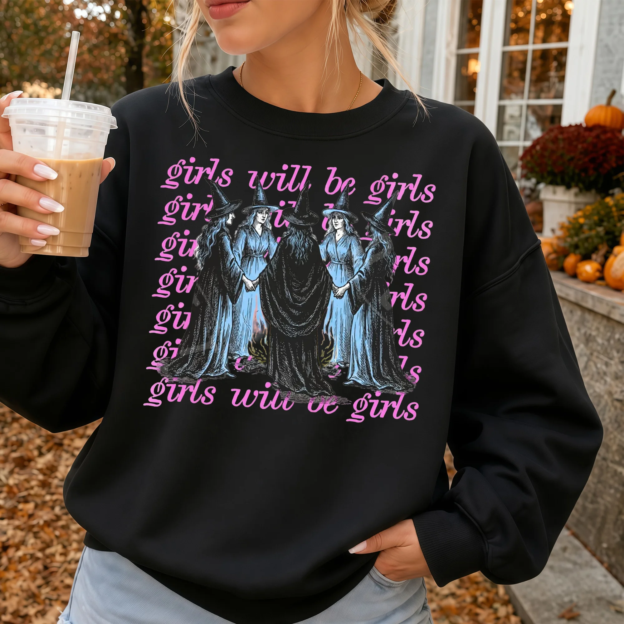 Girls Will Be Girls Witchy Graphic Tee Spooky Fall Shirt for Women