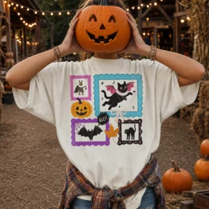 BOO! Cute Spooky Season Tee Halloween Black Cat and Pumpkin Graphic Shirt