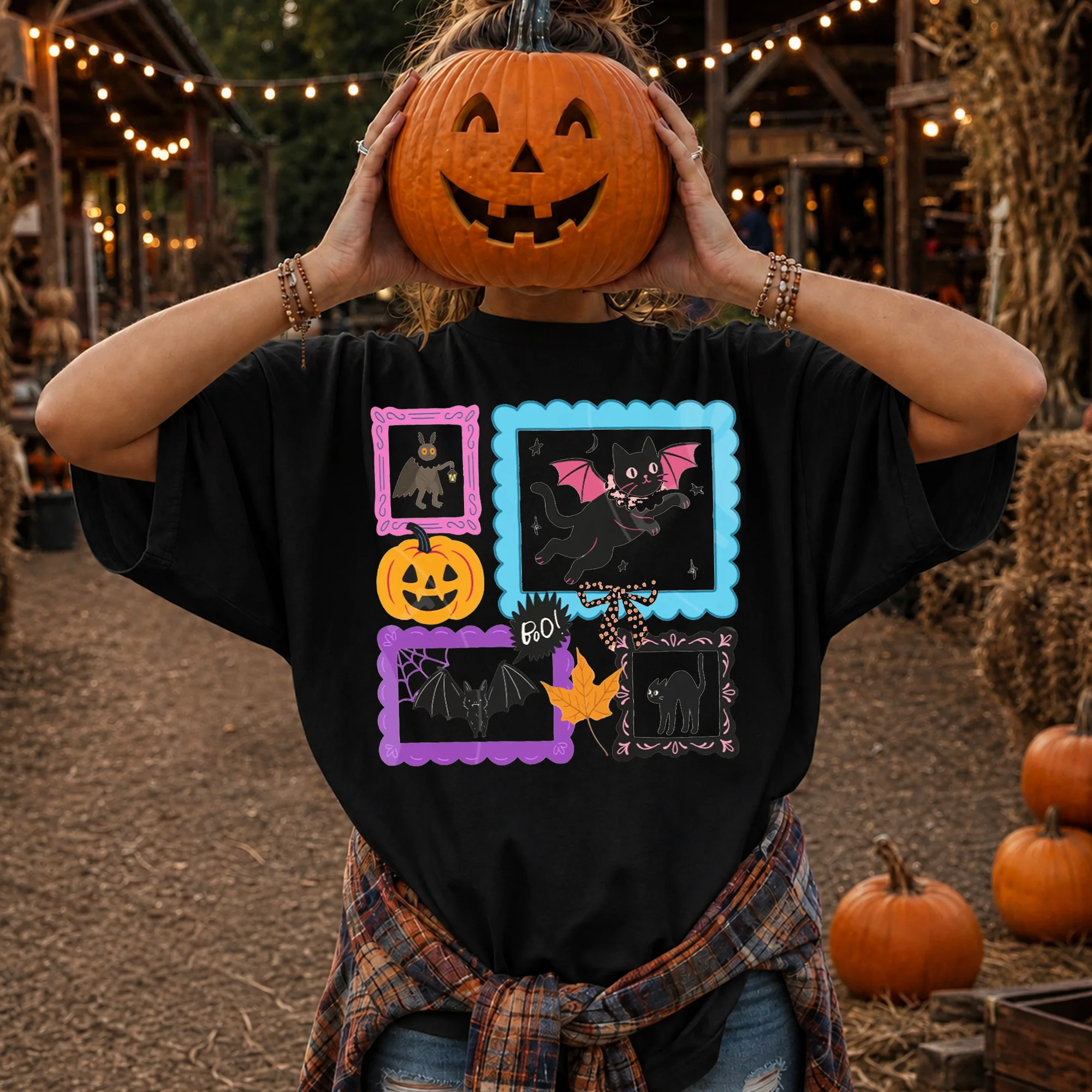 BOO! Cute Spooky Season Tee Halloween Black Cat and Pumpkin Graphic Shirt