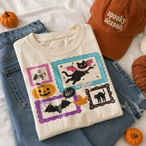 BOO! Cute Spooky Season Tee Halloween Black Cat and Pumpkin Graphic Shirt