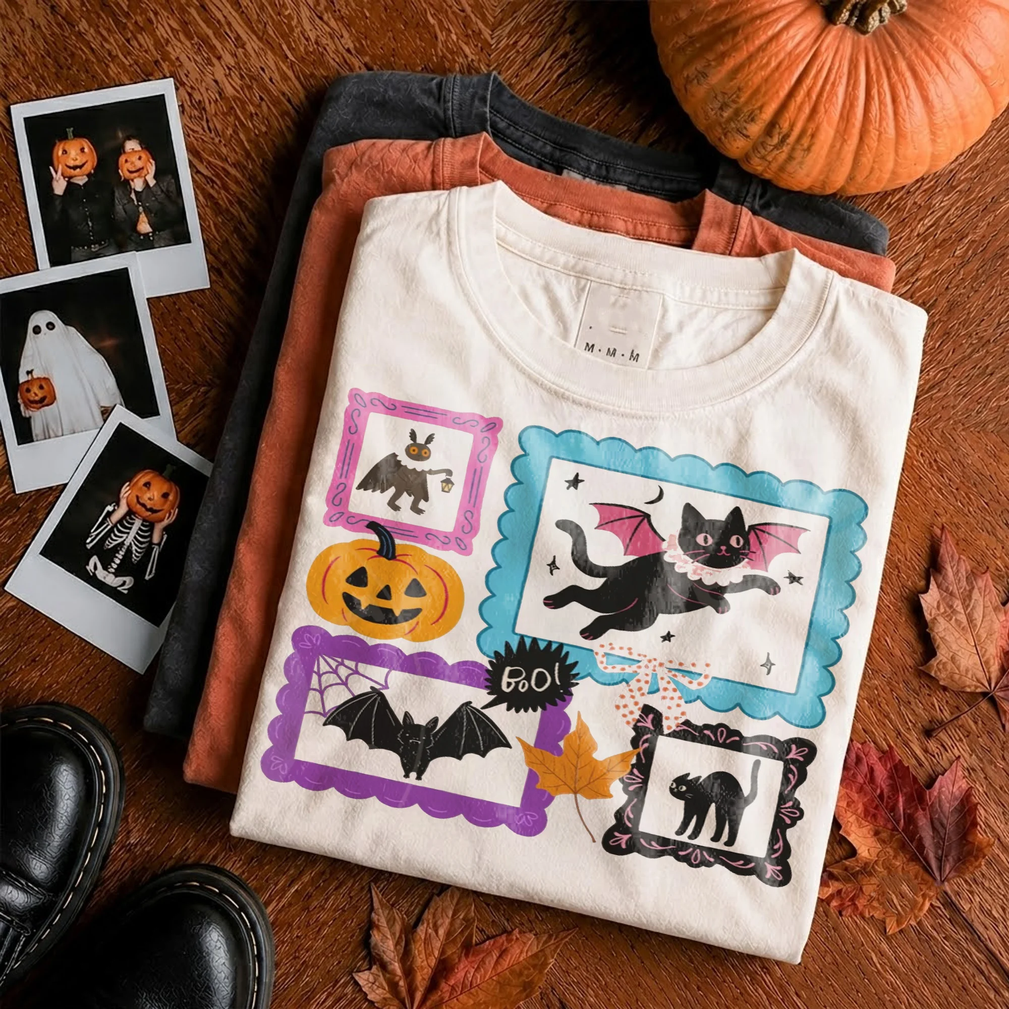 BOO! Cute Spooky Season Tee Halloween Black Cat and Pumpkin Graphic Shirt
