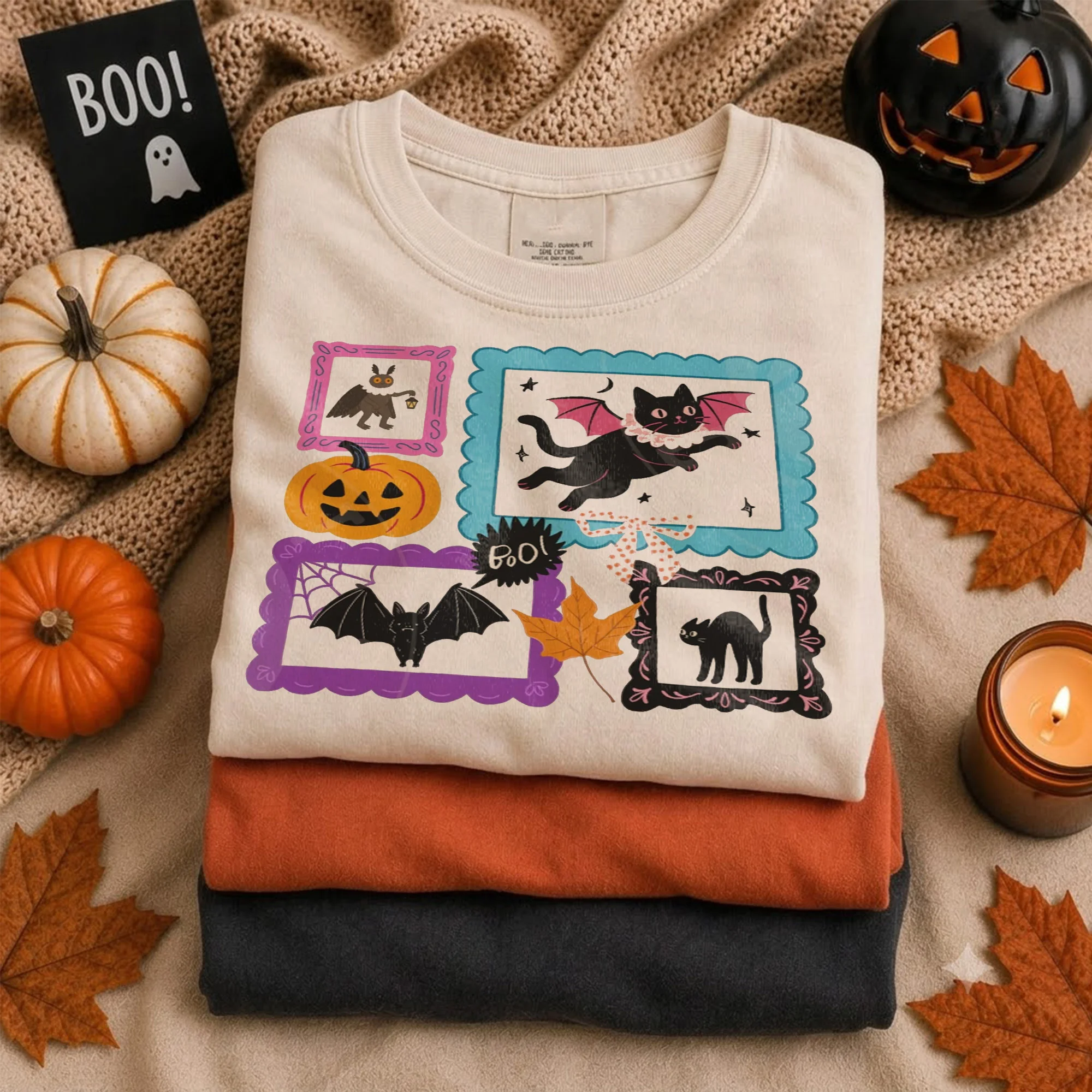 BOO! Cute Spooky Season Tee Halloween Black Cat and Pumpkin Graphic Shirt