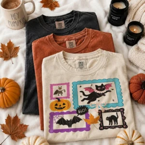BOO! Cute Spooky Season Tee Halloween Black Cat and Pumpkin Graphic Shirt