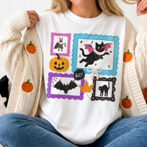 BOO! Cute Spooky Season Tee Halloween Black Cat and Pumpkin Graphic Shirt