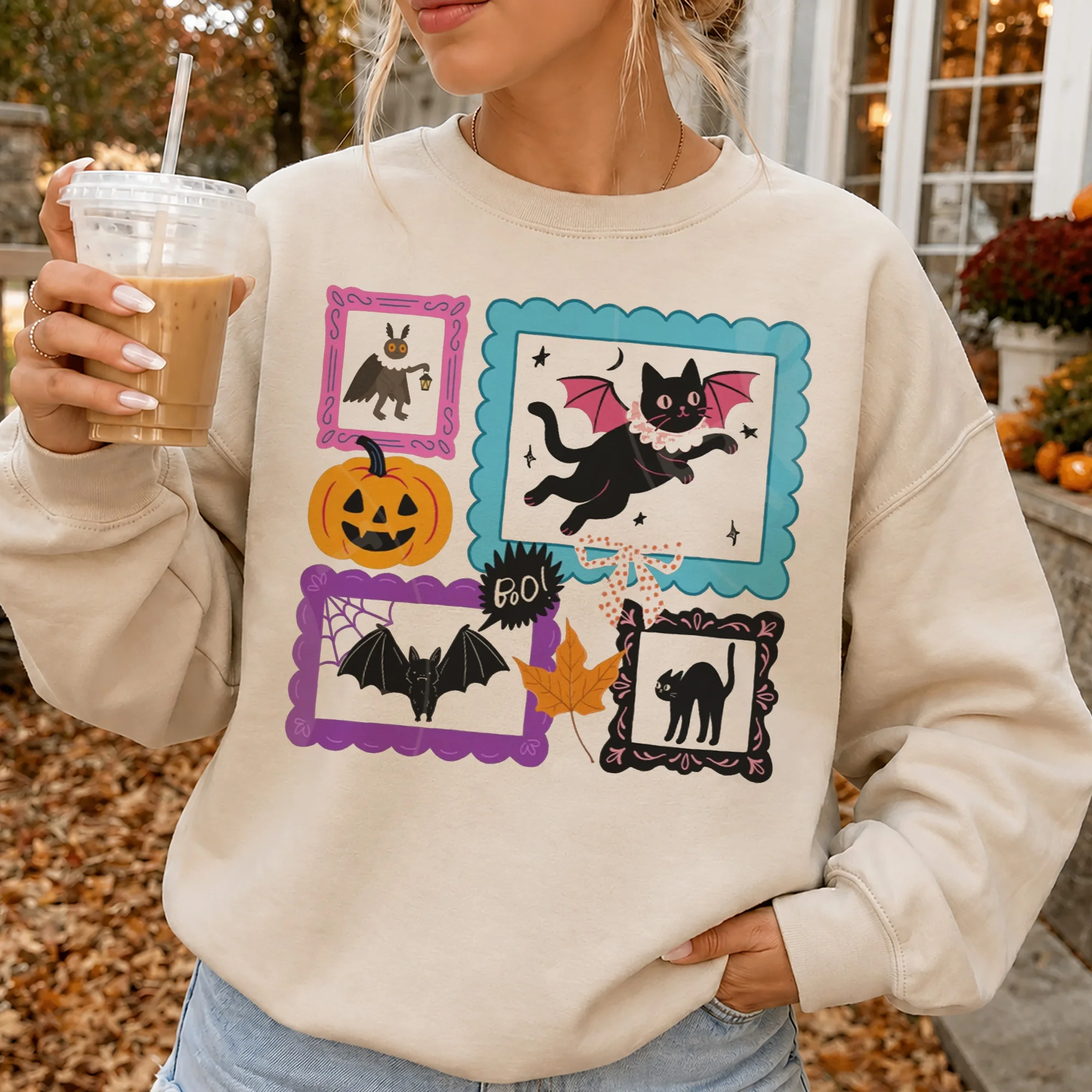 BOO! Cute Spooky Season Tee Halloween Black Cat and Pumpkin Graphic Shirt