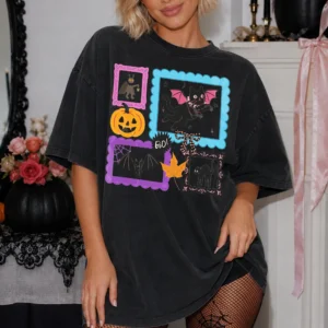 BOO! Cute Spooky Season Tee Halloween Black Cat and Pumpkin Graphic Shirt