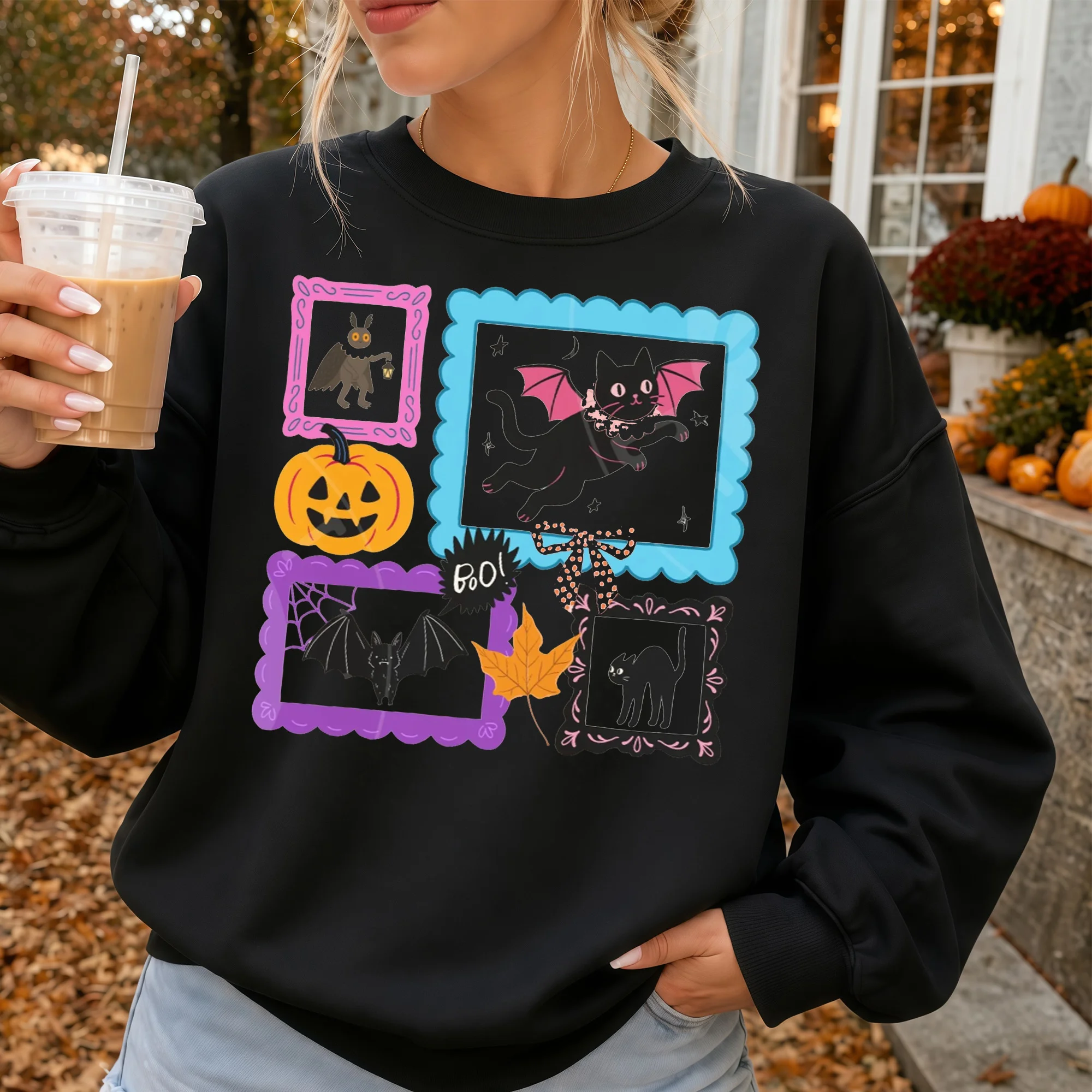 BOO! Cute Spooky Season Tee Halloween Black Cat and Pumpkin Graphic Shirt