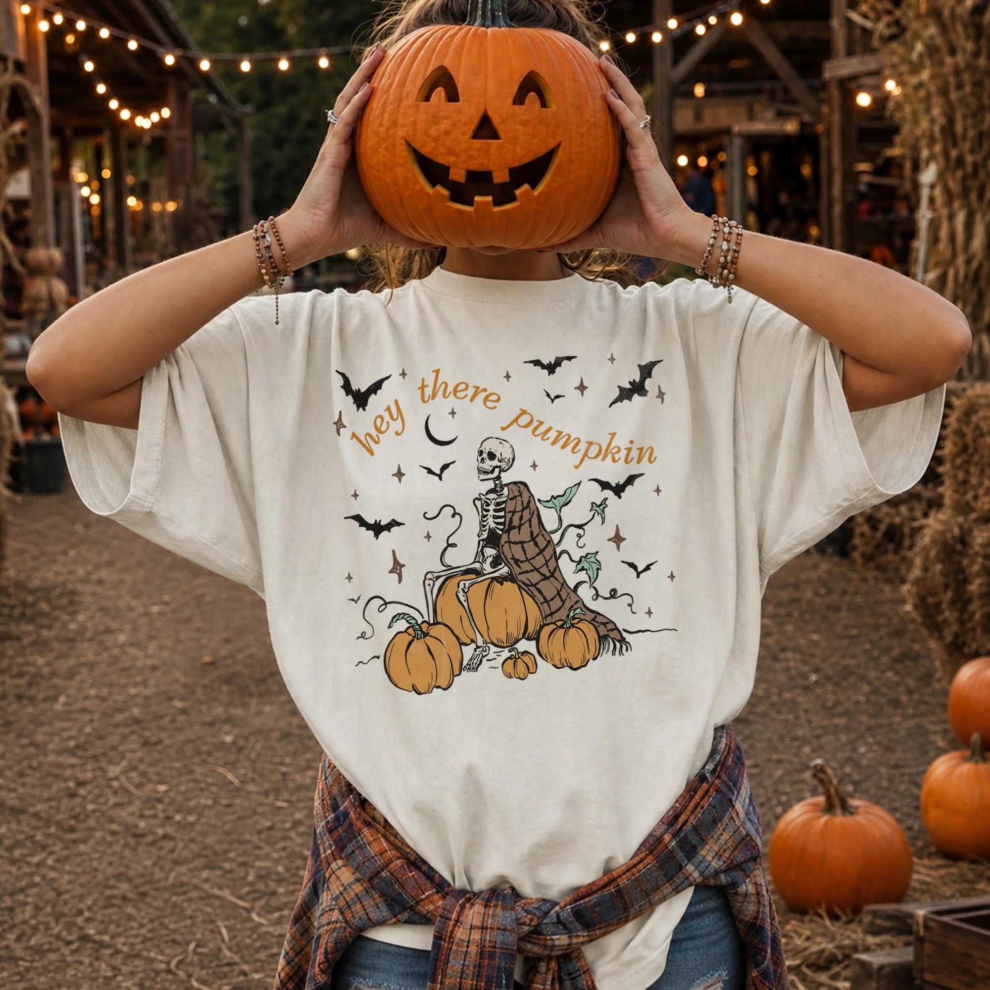 Hey There Pumpkin Tee Spooky Skeleton Fall Graphic Shirt for Women