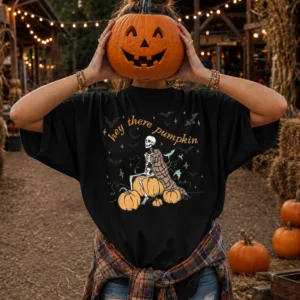 Hey There Pumpkin Tee Spooky Skeleton Fall Graphic Shirt for Women