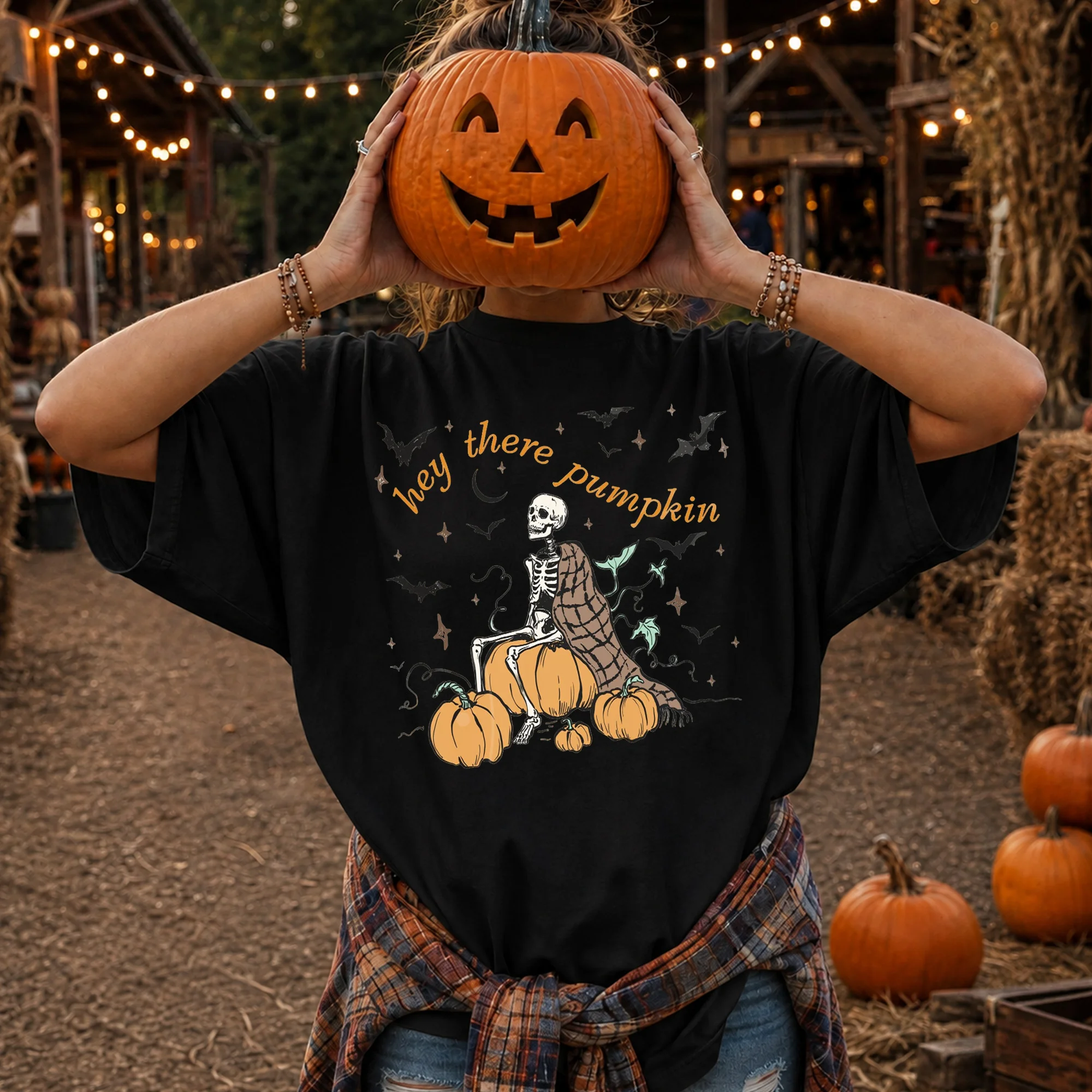 Hey There Pumpkin Tee Spooky Skeleton Fall Graphic Shirt for Women