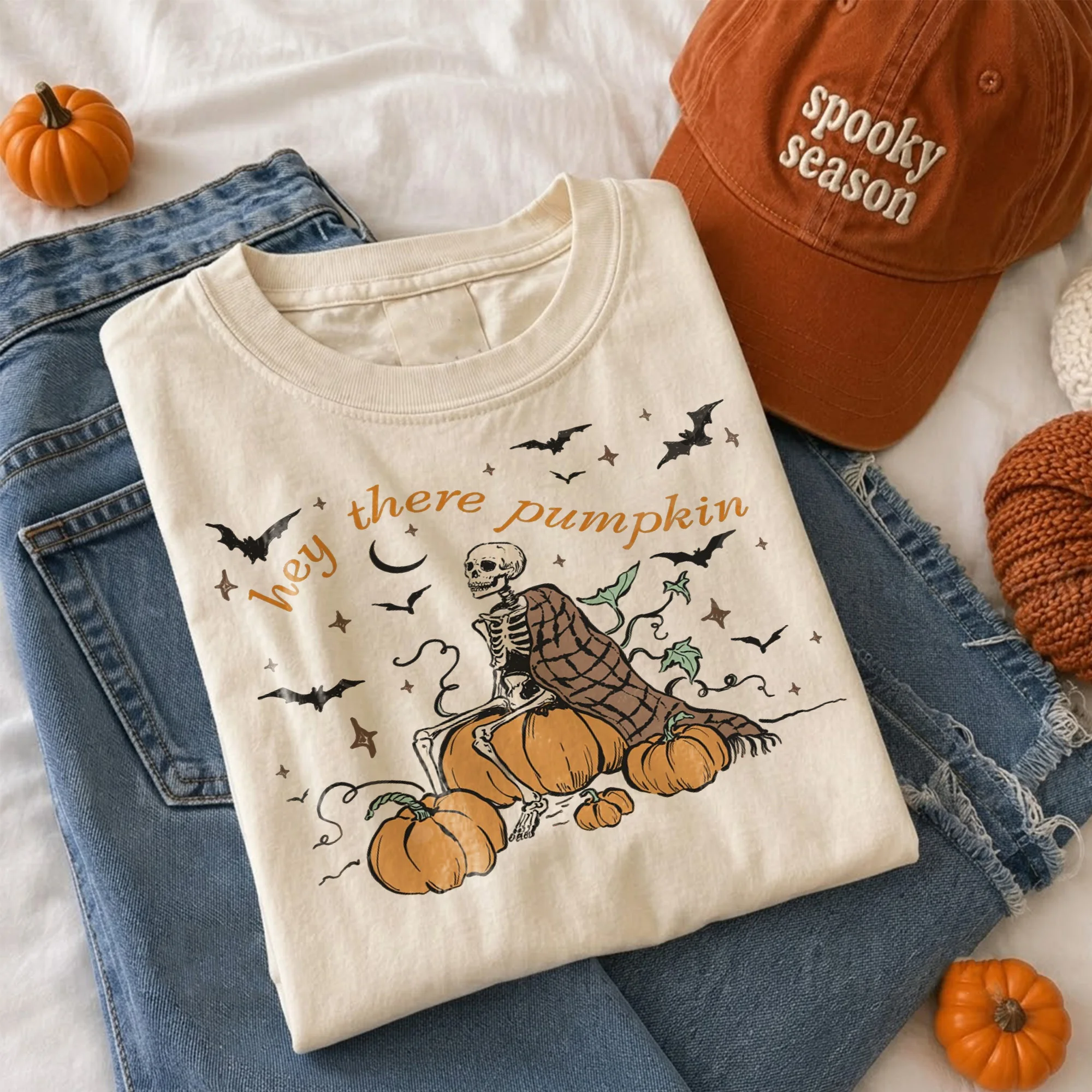 Hey There Pumpkin Tee Spooky Skeleton Fall Graphic Shirt for Women
