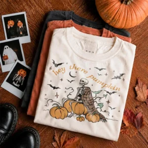 Hey There Pumpkin Tee Spooky Skeleton Fall Graphic Shirt for Women