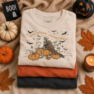 Hey There Pumpkin Tee Spooky Skeleton Fall Graphic Shirt for Women