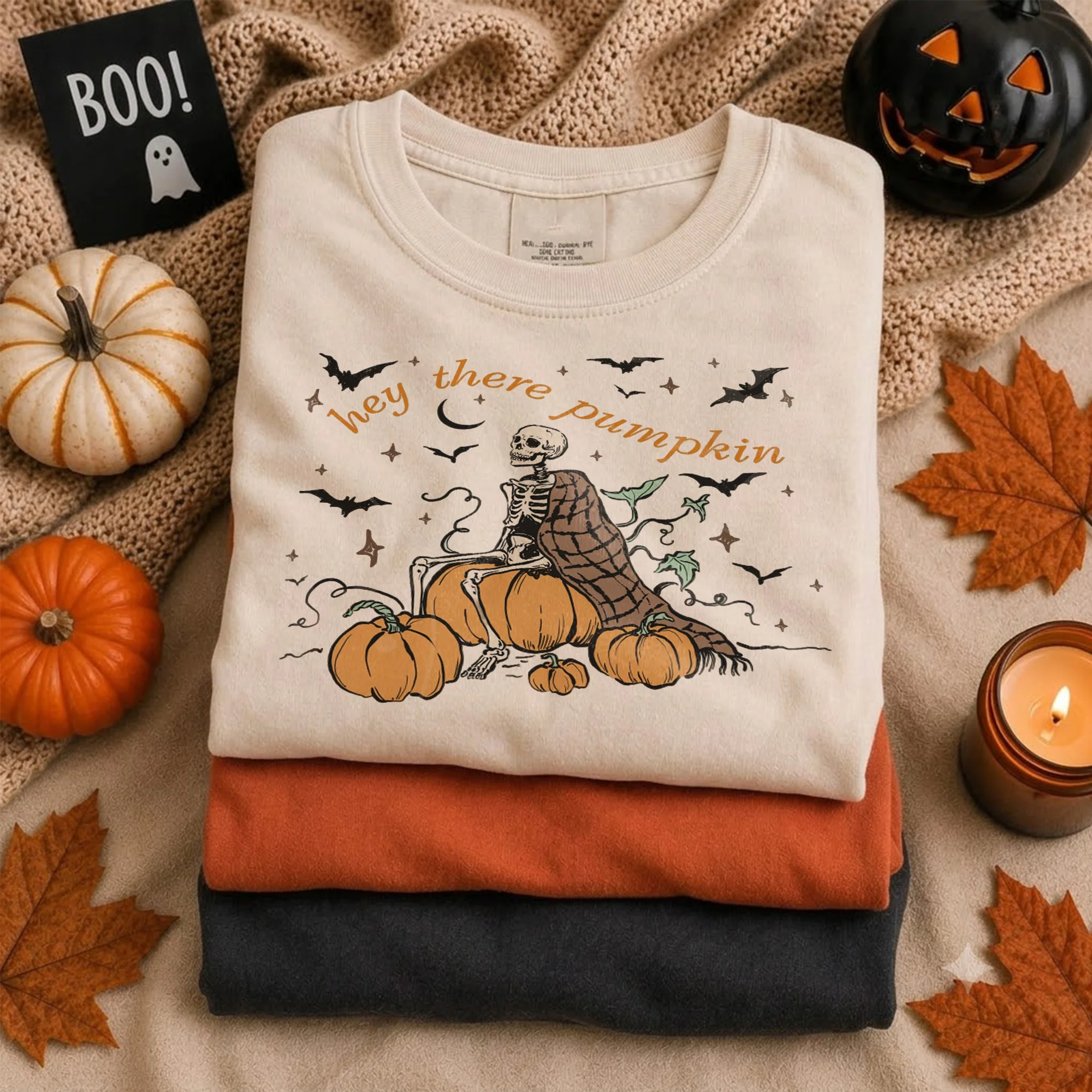 Hey There Pumpkin Tee Spooky Skeleton Fall Graphic Shirt for Women