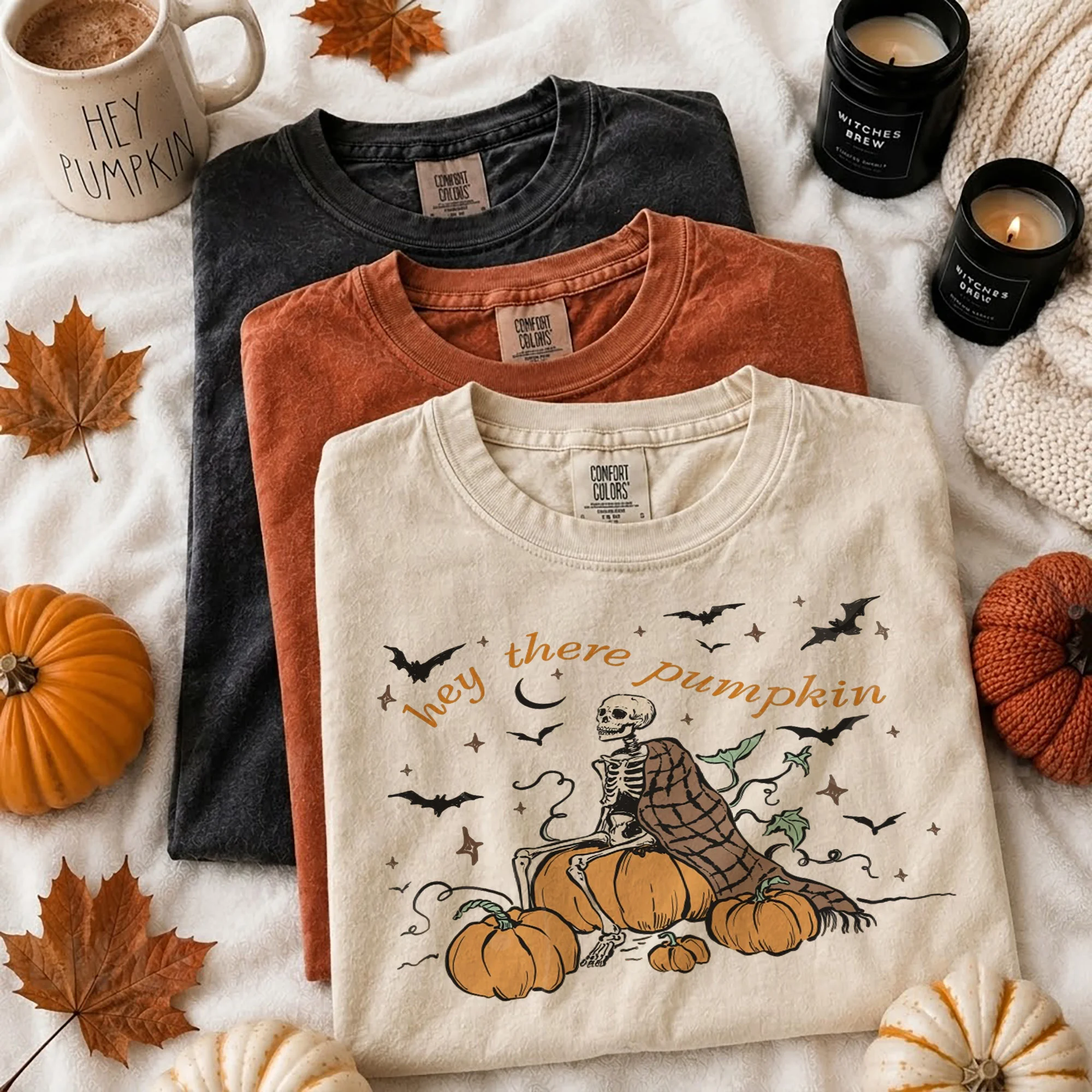 Hey There Pumpkin Tee Spooky Skeleton Fall Graphic Shirt for Women