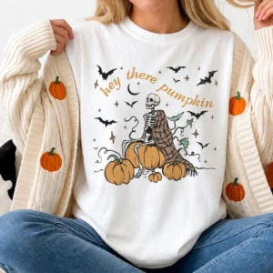 Hey There Pumpkin Tee Spooky Skeleton Fall Graphic Shirt for Women