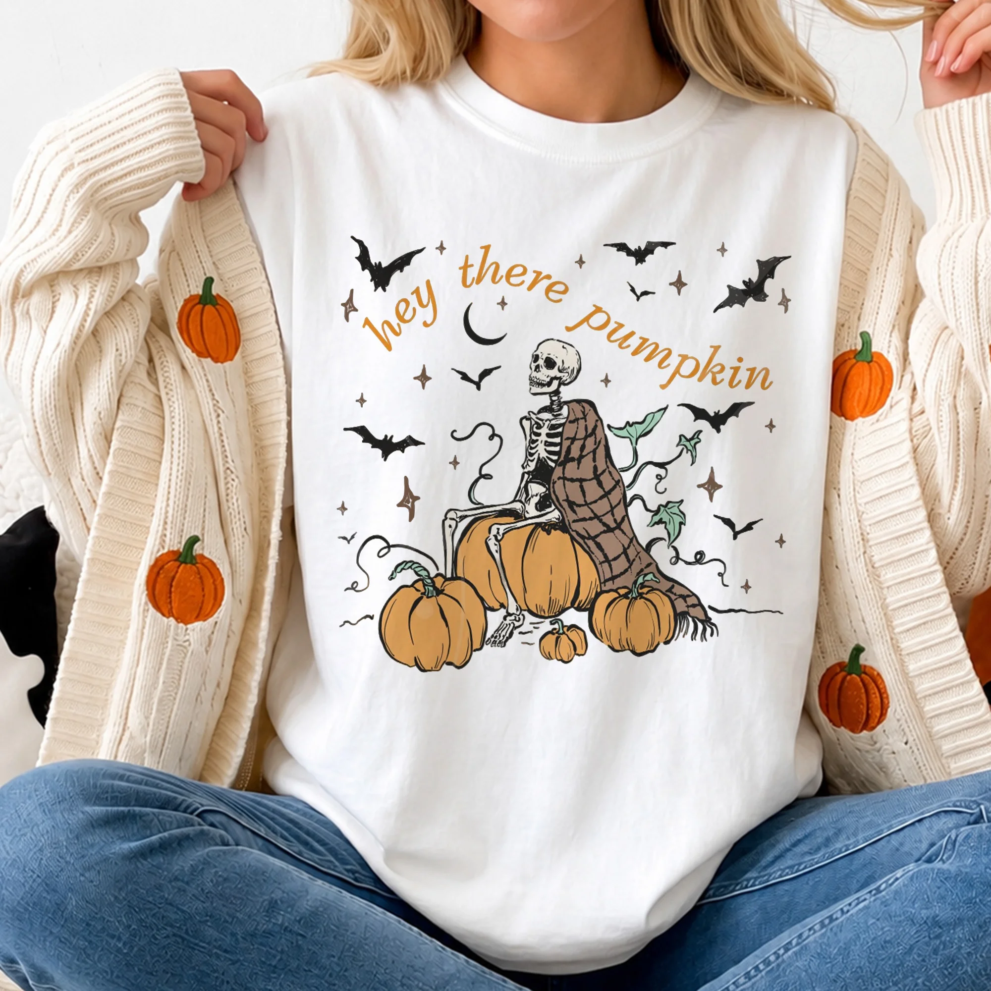 Hey There Pumpkin Tee Spooky Skeleton Fall Graphic Shirt for Women