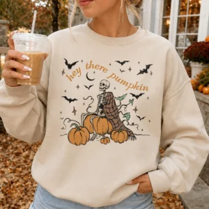 Hey There Pumpkin Tee Spooky Skeleton Fall Graphic Shirt for Women