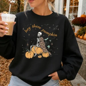 Hey There Pumpkin Tee Spooky Skeleton Fall Graphic Shirt for Women