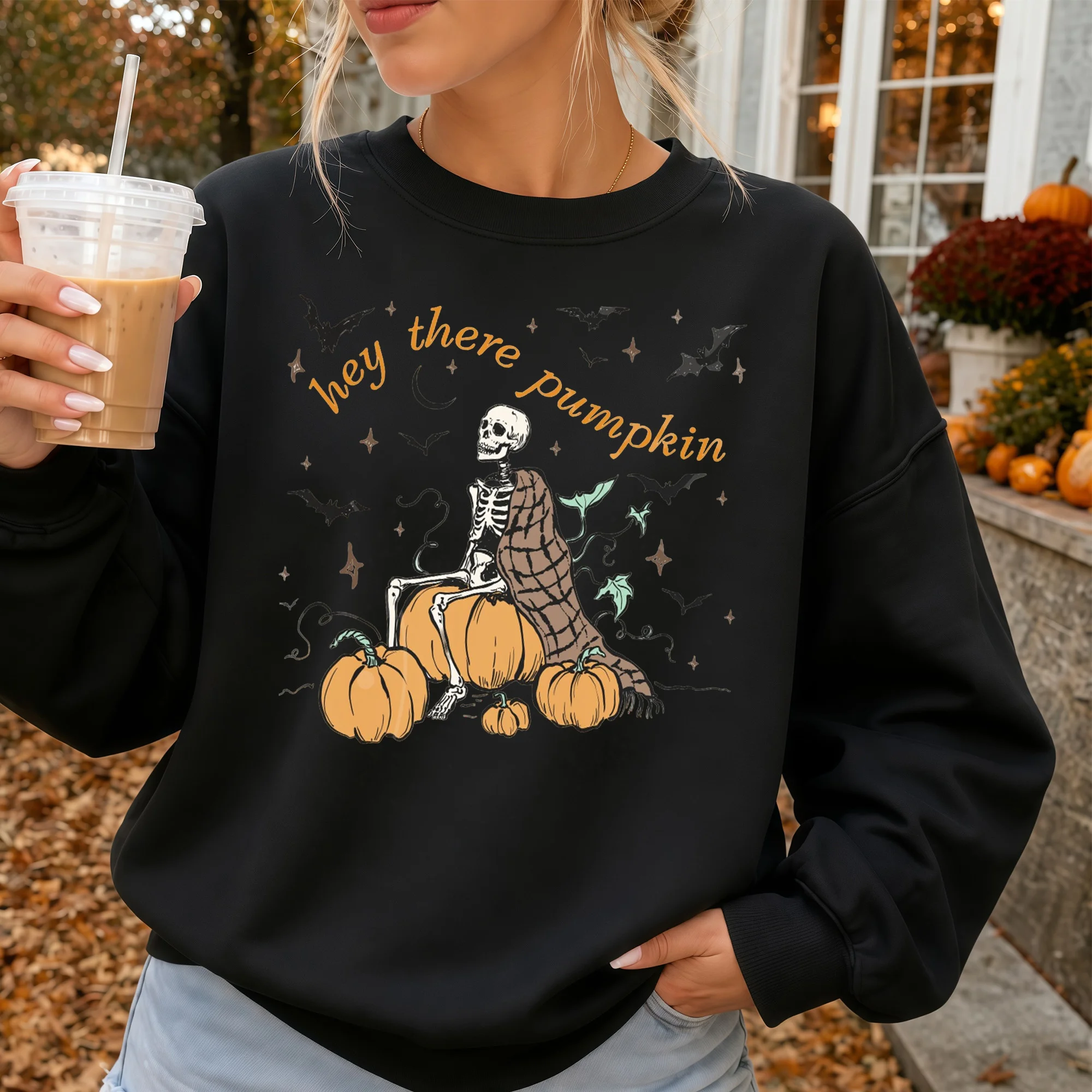 Hey There Pumpkin Tee Spooky Skeleton Fall Graphic Shirt for Women