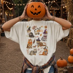 Witch Cat Halloween Tee Fall Aesthetic Cute Spooky Autumn Shirt for Women