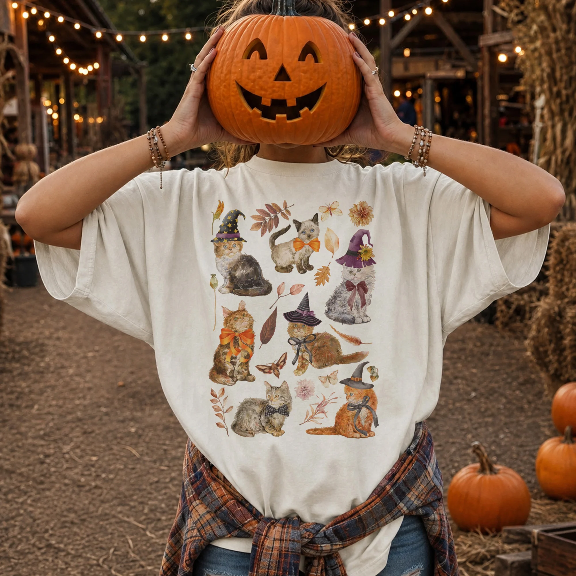 Witch Cat Halloween Tee Fall Aesthetic Cute Spooky Autumn Shirt for Women