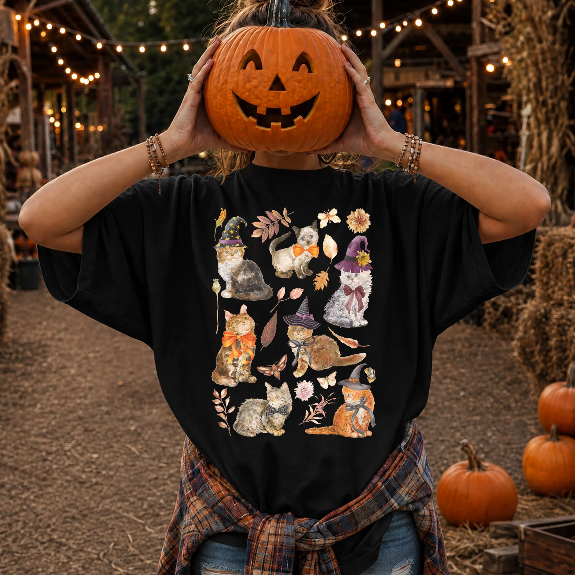 Witch Cat Halloween Tee Fall Aesthetic Cute Spooky Autumn Shirt for Women