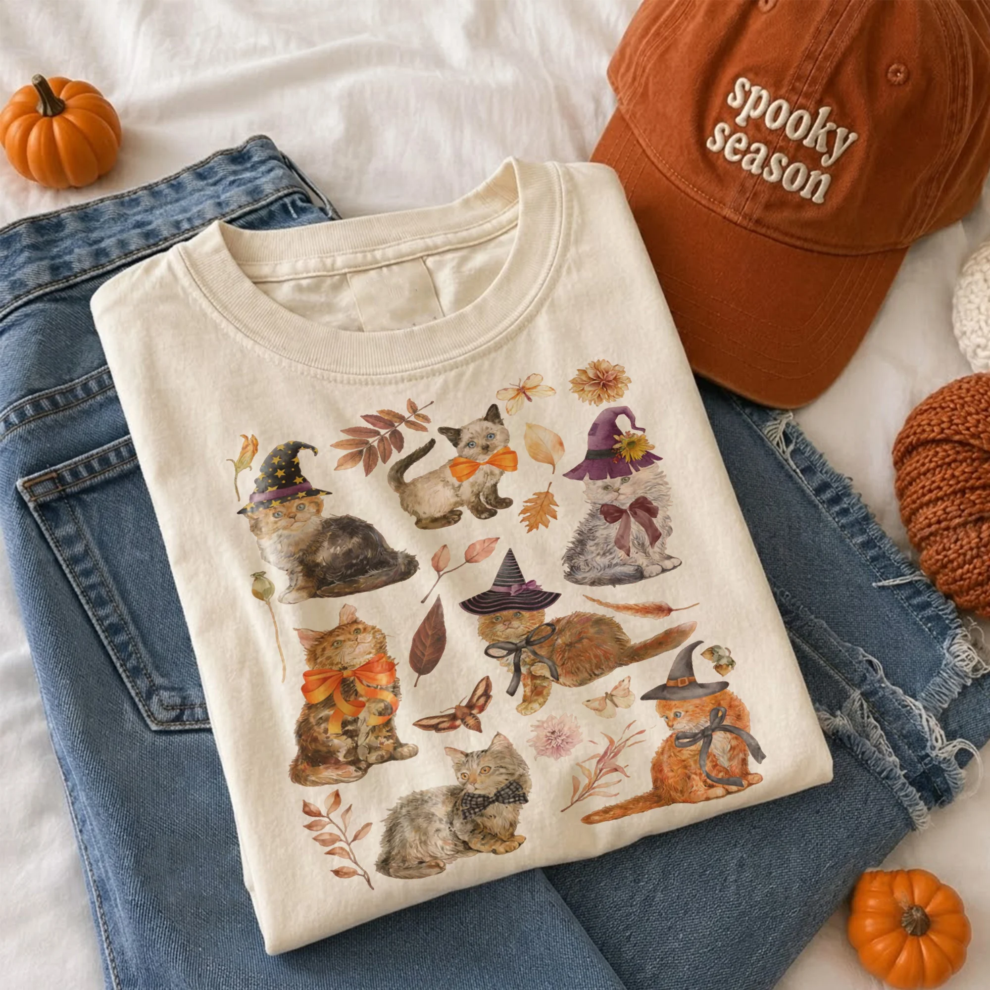 Witch Cat Halloween Tee Fall Aesthetic Cute Spooky Autumn Shirt for Women