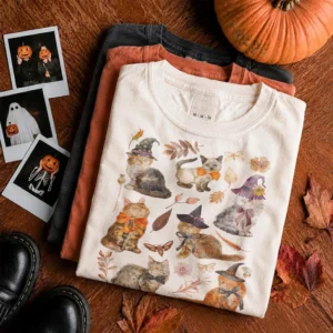 Witch Cat Halloween Tee Fall Aesthetic Cute Spooky Autumn Shirt for Women