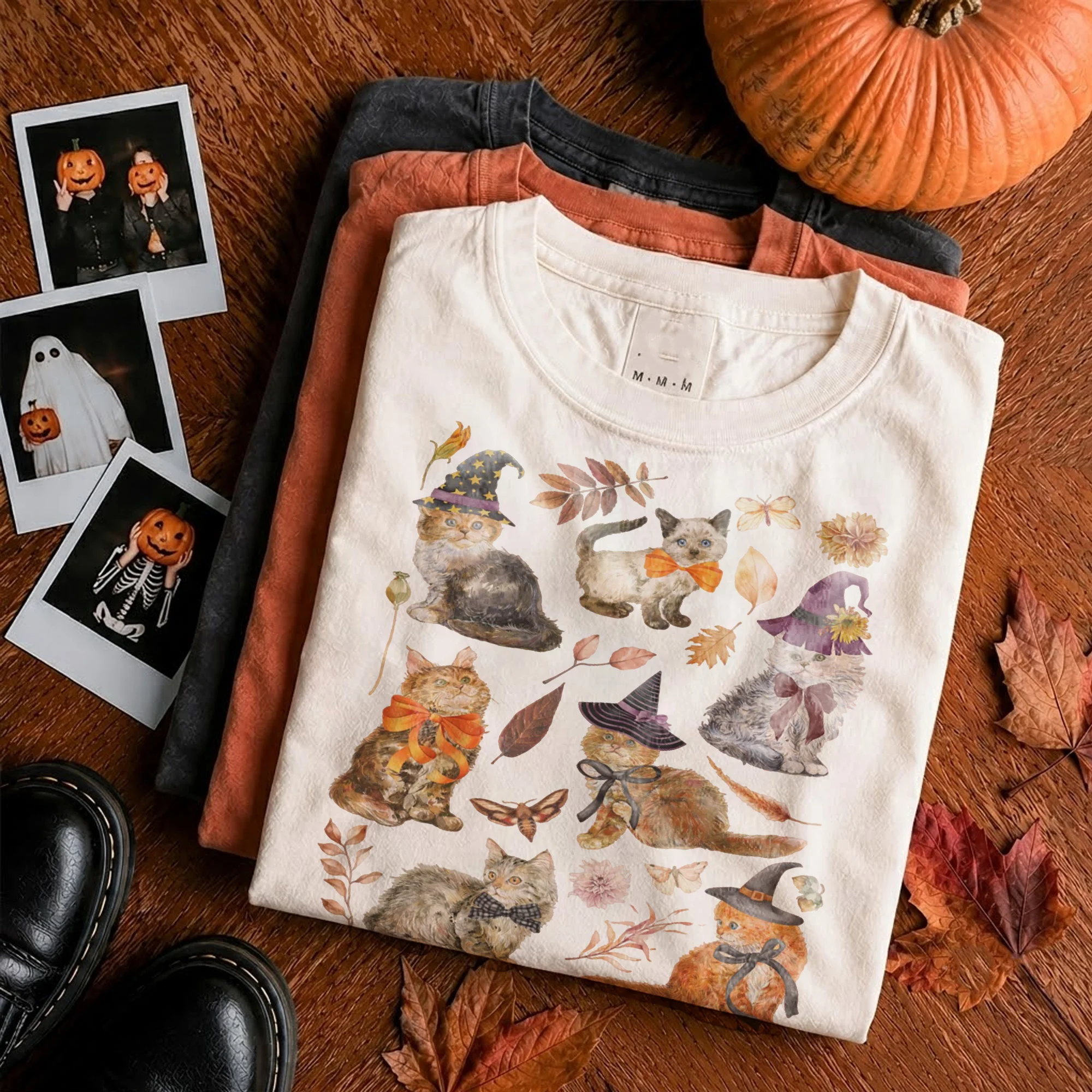 Witch Cat Halloween Tee Fall Aesthetic Cute Spooky Autumn Shirt for Women